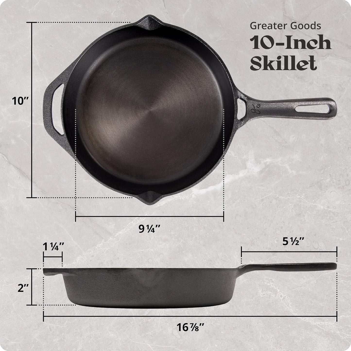 10-Inch Cast Iron Skillet Frying Pan โ Milled Smooth Cast Iron Cooking Surface, Organically Pre-Seasoned with Flaxseed Oil, Long Handle & Dual Pour Spouts for Better Control