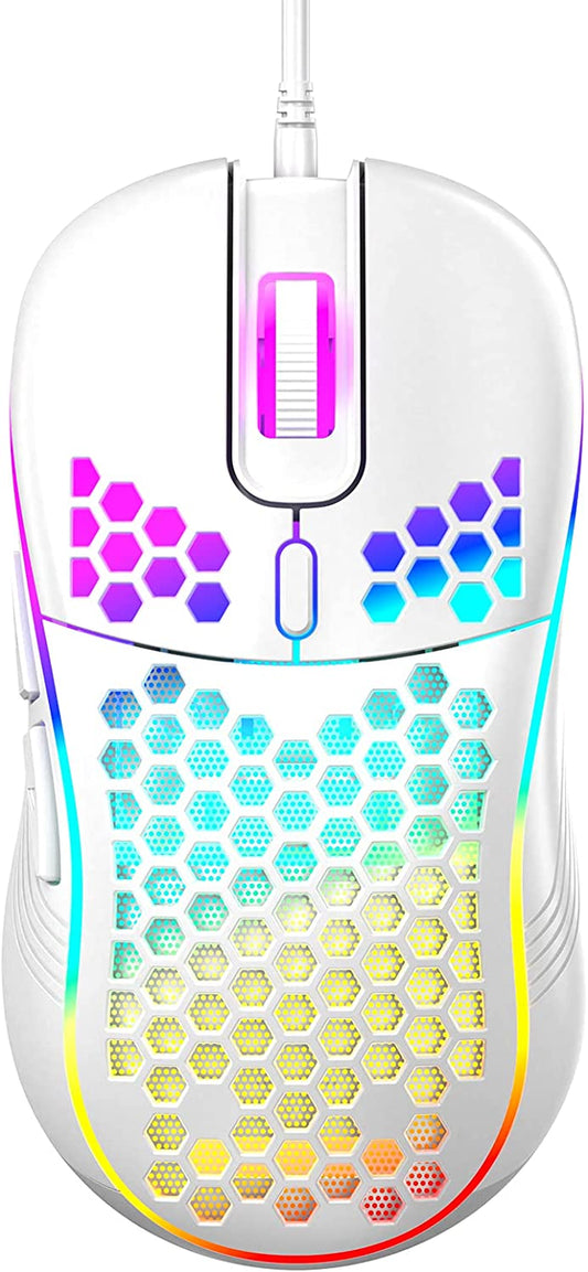 Honeycomb Wired Gaming Mouse, RGB Backlight and 7200 Adjustable DPI, Ergonomic and Lightweight USB Computer Mouse with High Precision Sensor for Windows PC & Laptop Gamers (White)