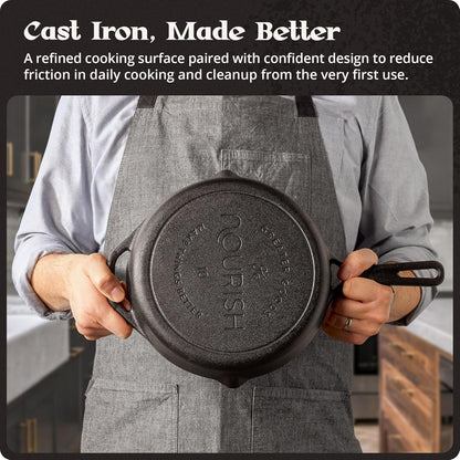 10-Inch Cast Iron Skillet Frying Pan – Milled Smooth Cast Iron Cooking Surface, Organically Pre-Seasoned with Flaxseed Oil, Long Handle & Dual Pour Spouts for Better Control