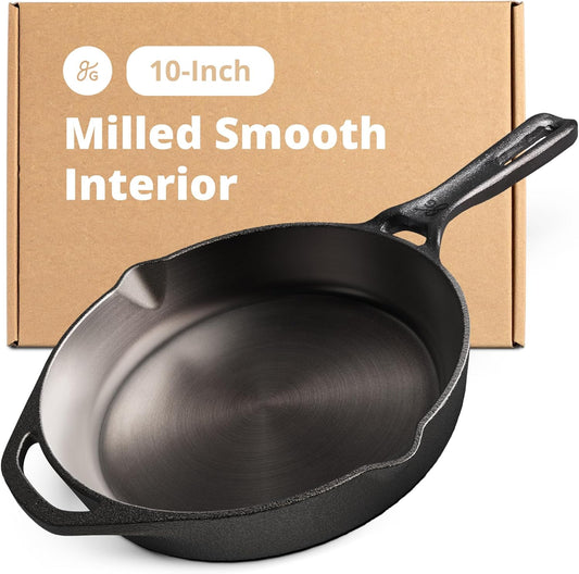 10-Inch Cast Iron Skillet Frying Pan – Milled Smooth Cast Iron Cooking Surface, Organically Pre-Seasoned with Flaxseed Oil, Long Handle & Dual Pour Spouts for Better Control