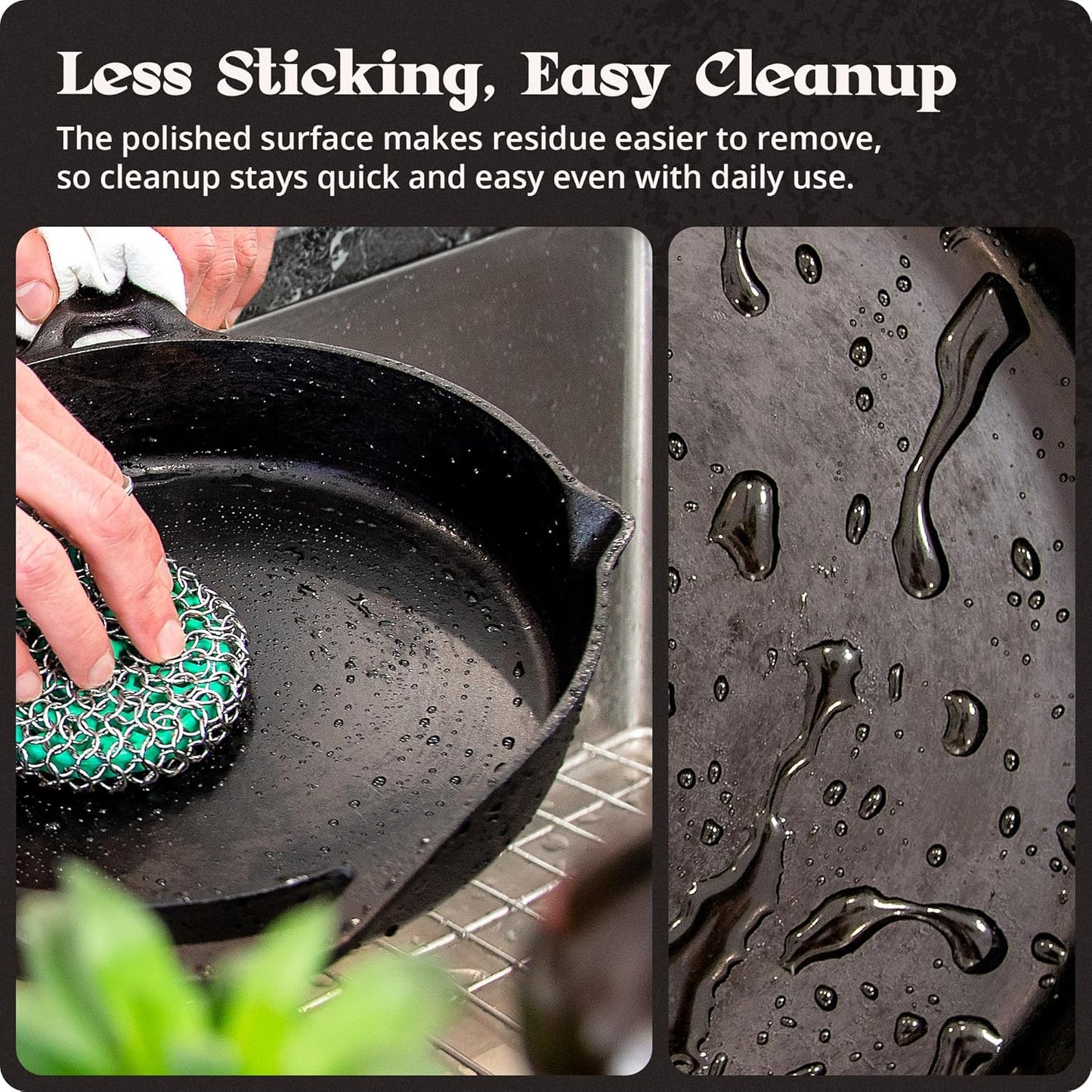 10-Inch Cast Iron Skillet Frying Pan – Milled Smooth Cast Iron Cooking Surface, Organically Pre-Seasoned with Flaxseed Oil, Long Handle & Dual Pour Spouts for Better Control