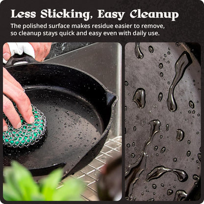10-Inch Cast Iron Skillet Frying Pan – Milled Smooth Cast Iron Cooking Surface, Organically Pre-Seasoned with Flaxseed Oil, Long Handle & Dual Pour Spouts for Better Control