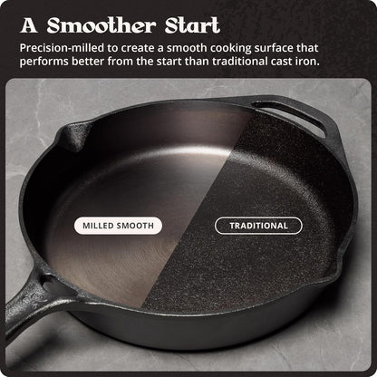 10-Inch Cast Iron Skillet Frying Pan – Milled Smooth Cast Iron Cooking Surface, Organically Pre-Seasoned with Flaxseed Oil, Long Handle & Dual Pour Spouts for Better Control