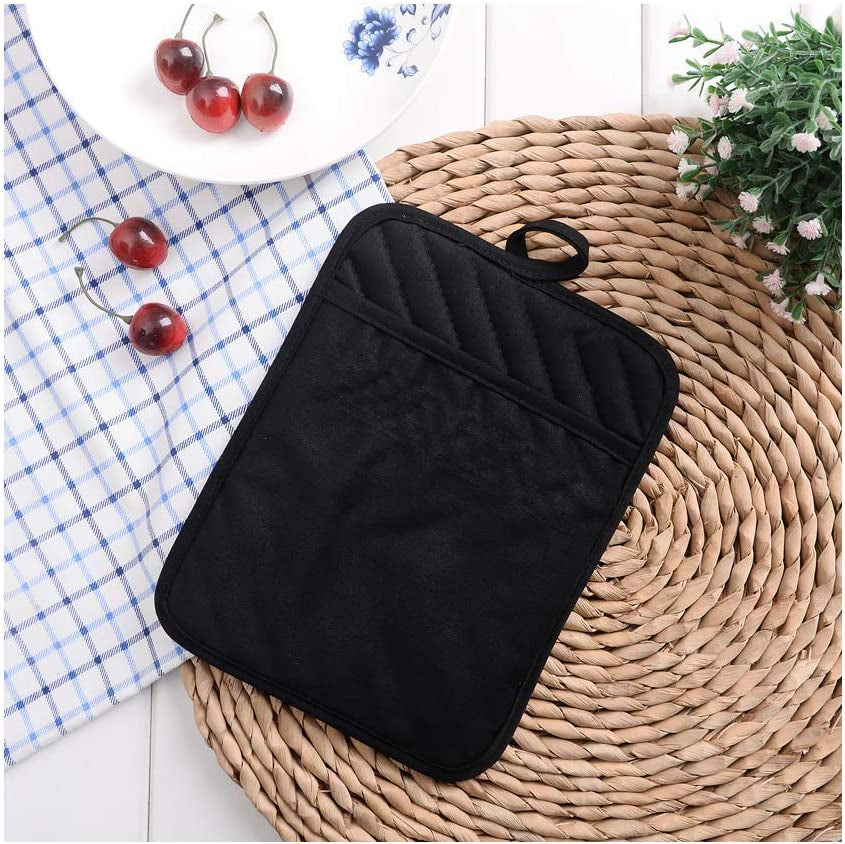 Nyi Pot Holders for Kitchen Heat Resistant, Cotton Hot Pads for Kitchen Counter Table, Black Pot Holders with Pocket