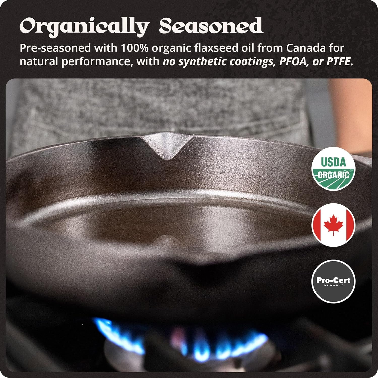 10-Inch Cast Iron Skillet Frying Pan – Milled Smooth Cast Iron Cooking Surface, Organically Pre-Seasoned with Flaxseed Oil, Long Handle & Dual Pour Spouts for Better Control