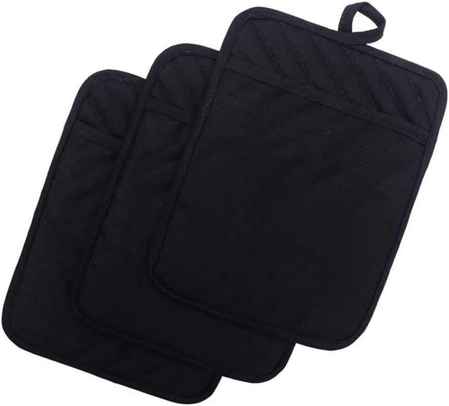 Nyi Pot Holders for Kitchen Heat Resistant, Cotton Hot Pads for Kitchen Counter Table, Black Pot Holders with Pocket