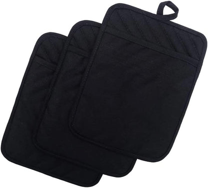 Nyi Pot Holders for Kitchen Heat Resistant, Cotton Hot Pads for Kitchen Counter Table, Black Pot Holders with Pocket
